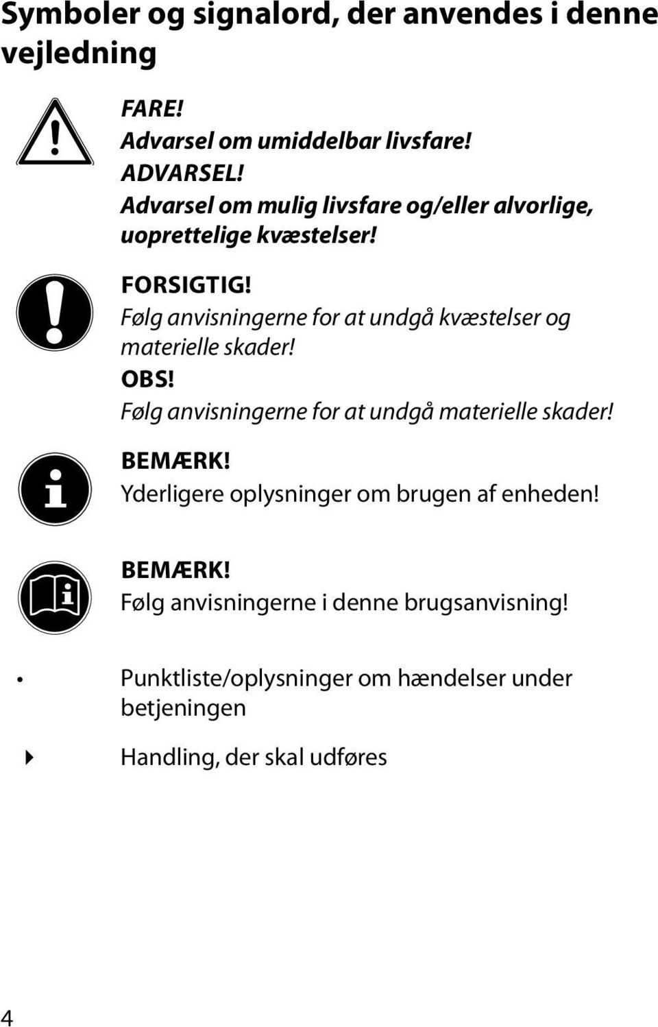 Følg anvisningerne for at undgå kvæstelser og materielle skader! OBS! Følg anvisningerne for at undgå materielle skader!