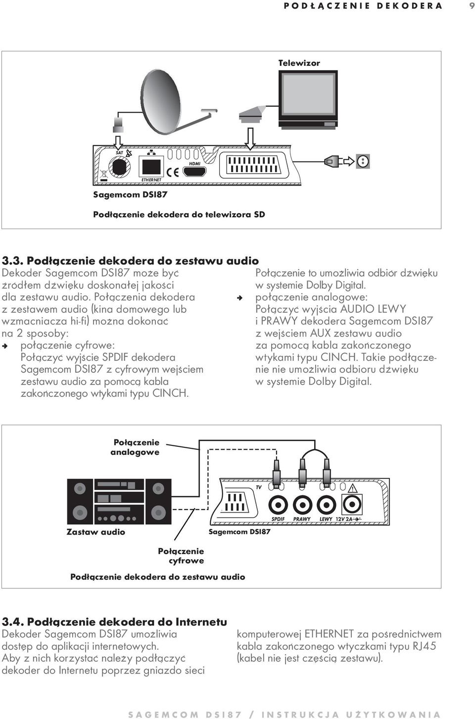 Połączenia dekodera z zestawem audio (kina domowego lub wzmacniacza hi-fi) można dokonać na 2 sposoby: ª połączenie analogowe: Po łączyć wyj ścia AU DIO LE WY i PRA WY dekodera Sagemcom DSI87 z wej