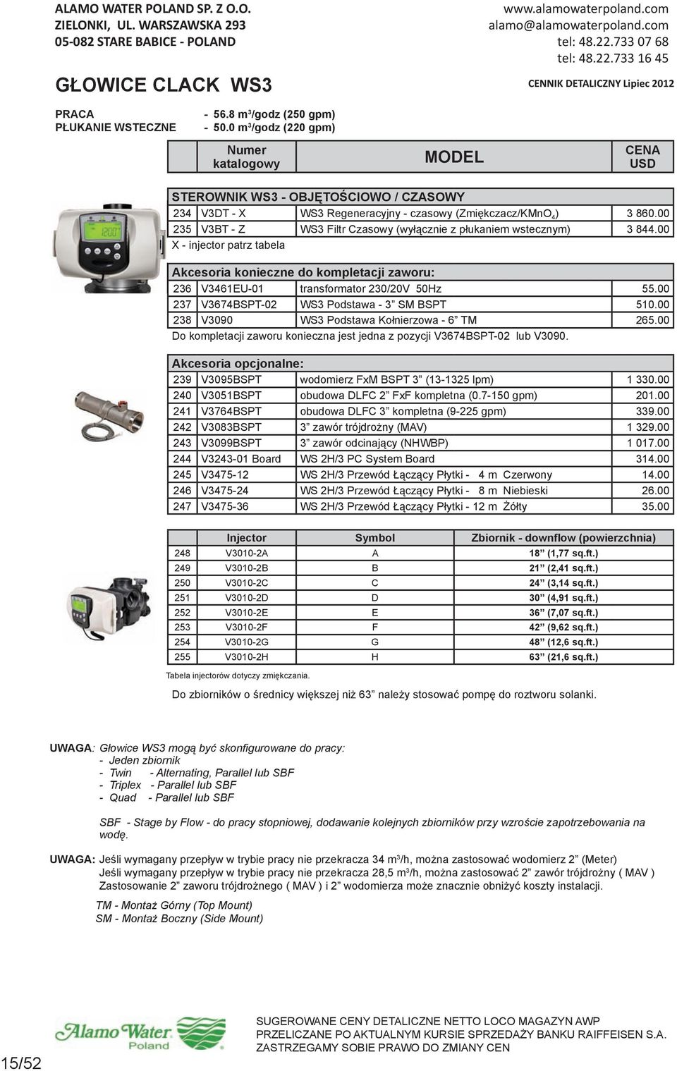 00 235 V3BT - Z WS3 Filtr Czasowy (wyłącznie z płukaniem wstecznym) 3 844.00 X - injector patrz tabela Akcesoria konieczne do kompletacji zaworu: 236 V3461EU-01 transformator 230/20V 50Hz 55.