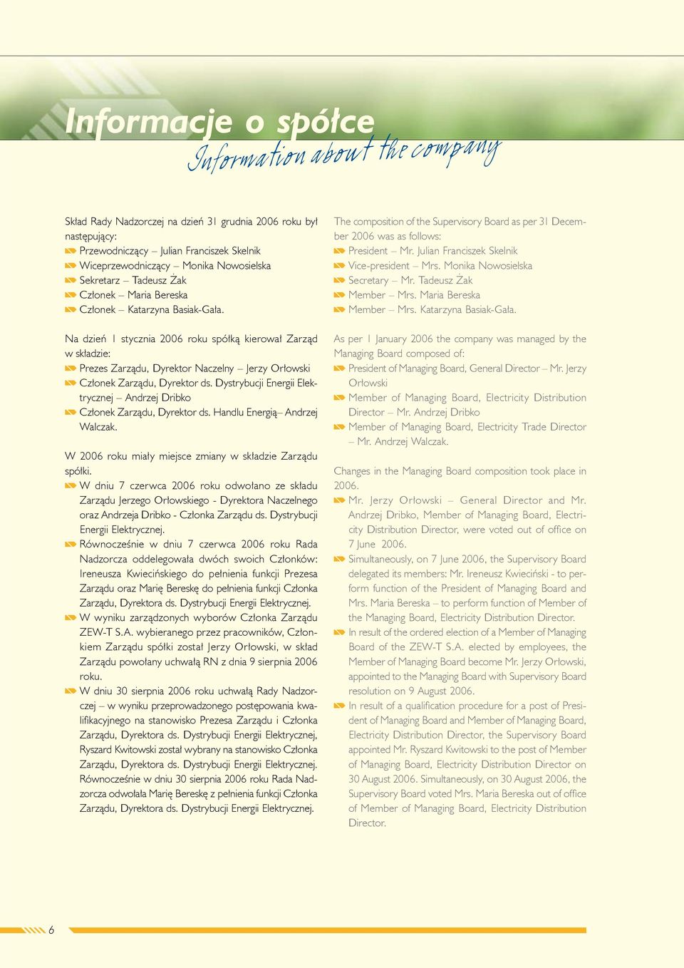 Członek Katarzyna Basiak-Gała. Na dzień 1 stycznia 2006 roku spółką kierował Zarząd w składzie: Prezes Zarządu, Dyrektor Naczelny Jerzy Orłowski Członek Zarządu, Dyrektor ds.