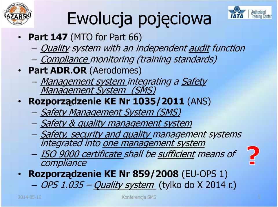 OR (Aerodomes) Management system integrating a Safety Management System (SMS) Rozporządzenie KE Nr 1035/2011 (ANS) Safety Management System