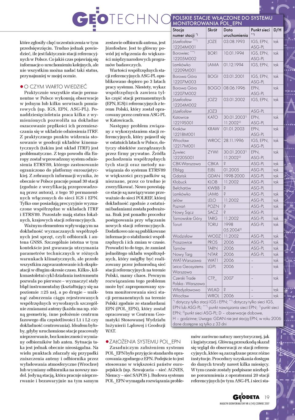 O CZYM WARTO WIEDZIEĆ Praktycznie wszystkie stacje permanentne w Polsce wykonują obserwacje w jednym lub kilku serwisach pomiarowych (np. IGS, EPN, ).