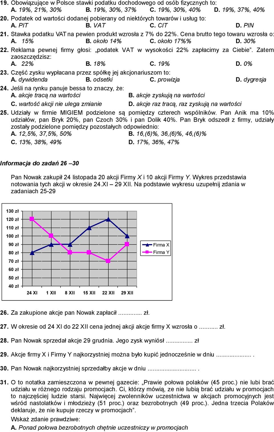 15% B. około 14% C. około 17%% D. 30% 22. Reklama pewnej firmy głosi: podatek VAT w wysokości 22% zapłacimy za Ciebie. Zatem zaoszczędzisz: A. 22% B. 18% C. 19% D. 0% 23.