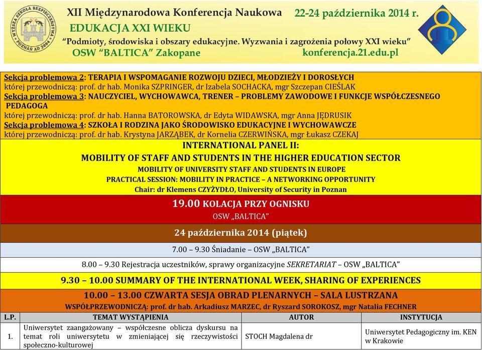 Hanna BATOROWSKA, dr Edyta WIDAWSKA, mgr Anna JĘDRUSIK Sekcja problemowa 4: SZKOŁA I RODZINA JAKO ŚRODOWISKO EDUKACYJNE I WYCHOWAWCZE której przewodniczą: prof. dr hab.