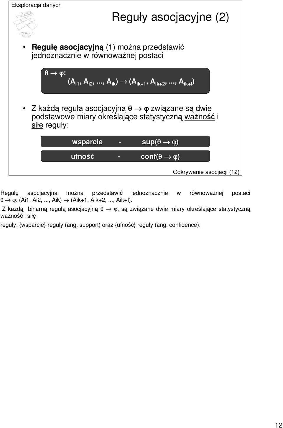 ϕ) Odkrywanie asocjacji (12) Regułę asocjacyjna można przedstawić jednoznacznie w równoważnej postaci θ ϕ: (Ai1, Ai2,..., Aik) (Aik+1, Aik+2,..., Aik+l).