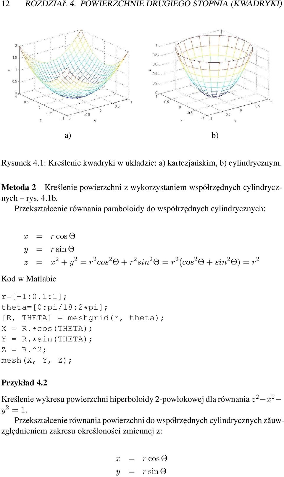 Przekształcenie równania paraboloidy do współrzędnych cylindrycznych: x = r cos Θ y = r sin Θ z = x 2 + y 2 = r 2 cos 2 Θ + r 2 sin 2 Θ = r 2 (cos 2 Θ + sin 2 Θ) = r 2 Kod w Matlabie r=[-1:0.