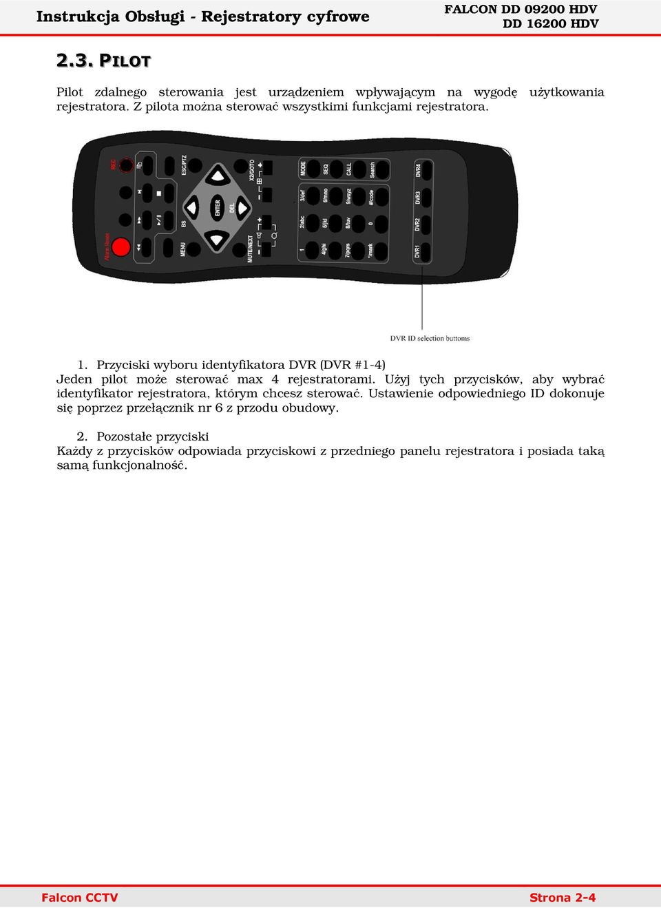 Przyciski wyboru identyfikatora DVR (DVR #1-4) Jeden pilot może sterować max 4 rejestratorami.