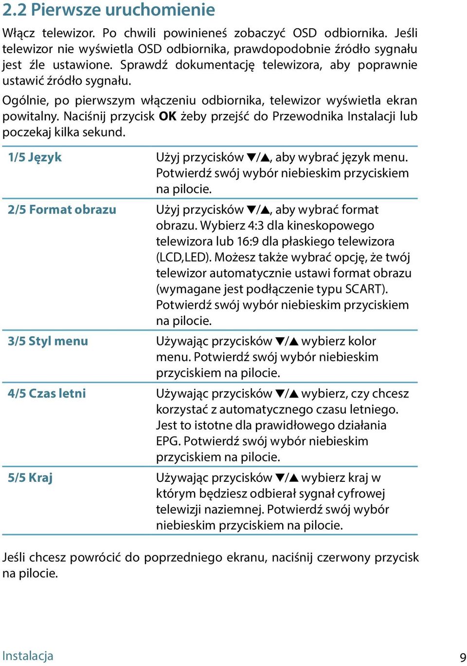 Naciśnij przycisk OK żeby przejść do Przewodnika Instalacji lub poczekaj kilka sekund. 1/5 Język Użyj przycisków /, aby wybrać język menu. Potwierdź swój wybór niebieskim przyciskiem na pilocie.