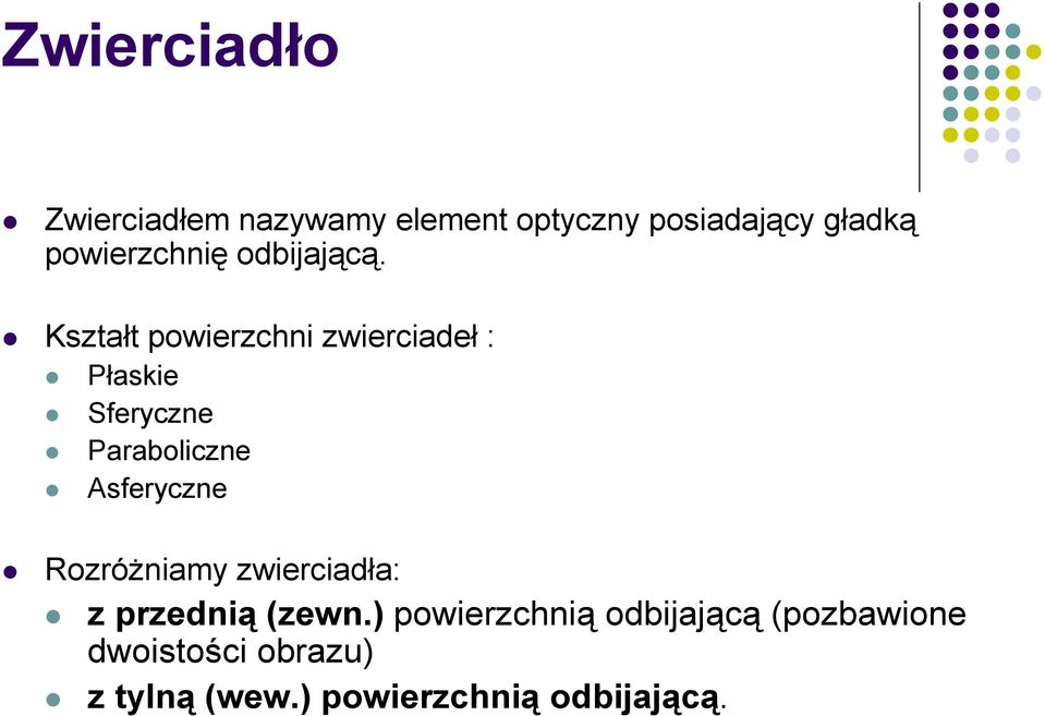 Kształt powierzchni zwierciadeł : Płaskie Sferyczne Paraboliczne Asferyczne