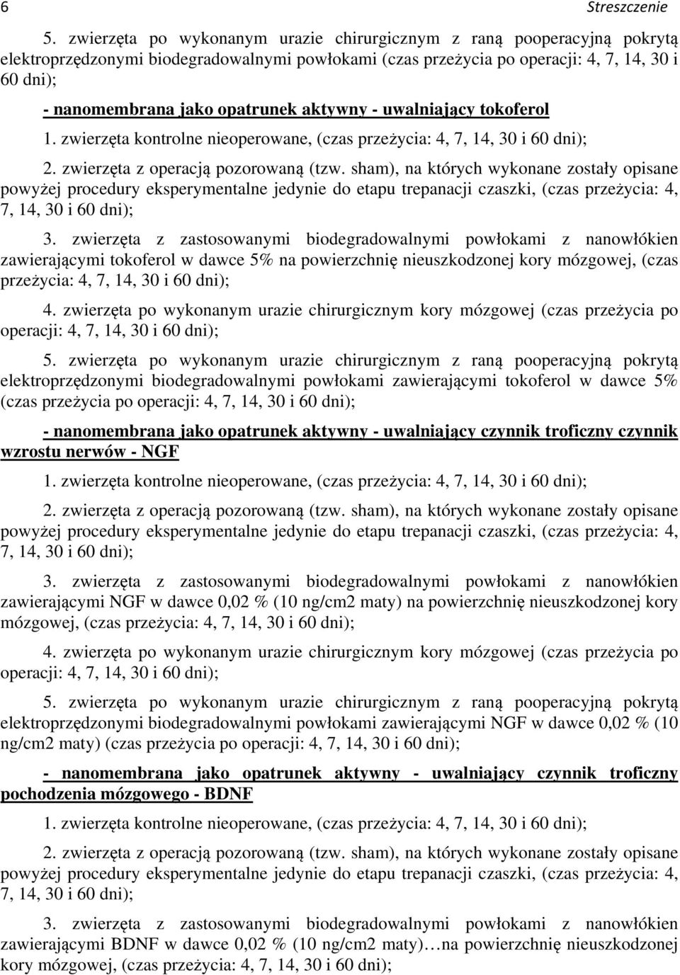 opatrunek aktywny - uwalniający tokoferol 1. zwierzęta kontrolne nieoperowane, (czas przeżycia: 4, 7, 14, 30 i 60 dni); 2. zwierzęta z operacją pozorowaną (tzw.