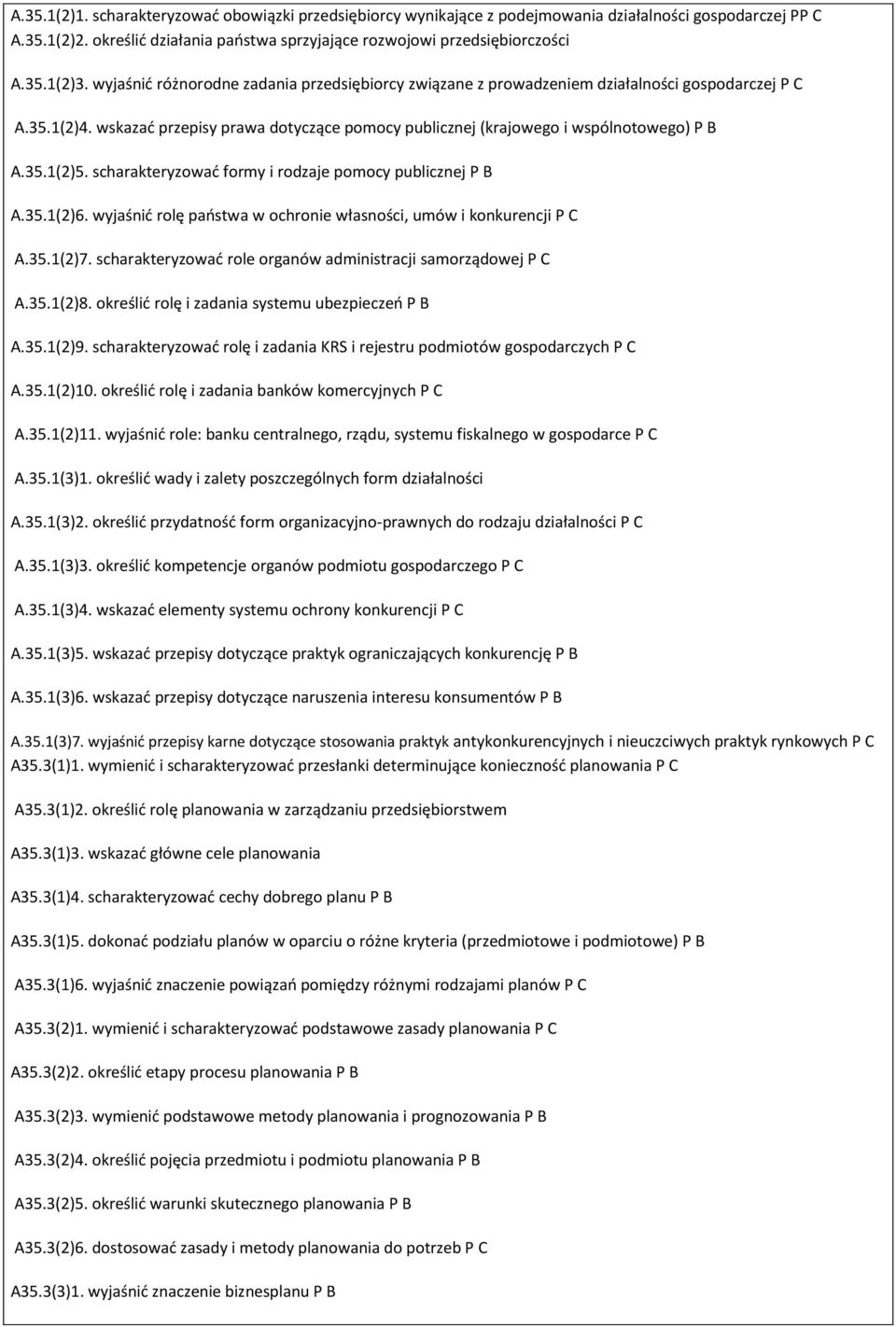 scharakteryzowad formy i rodzaje pomocy publicznej P B A.35.1(2)6. wyjaśnid rolę paostwa w ochronie własności, umów i konkurencji P C A.35.1(2)7.