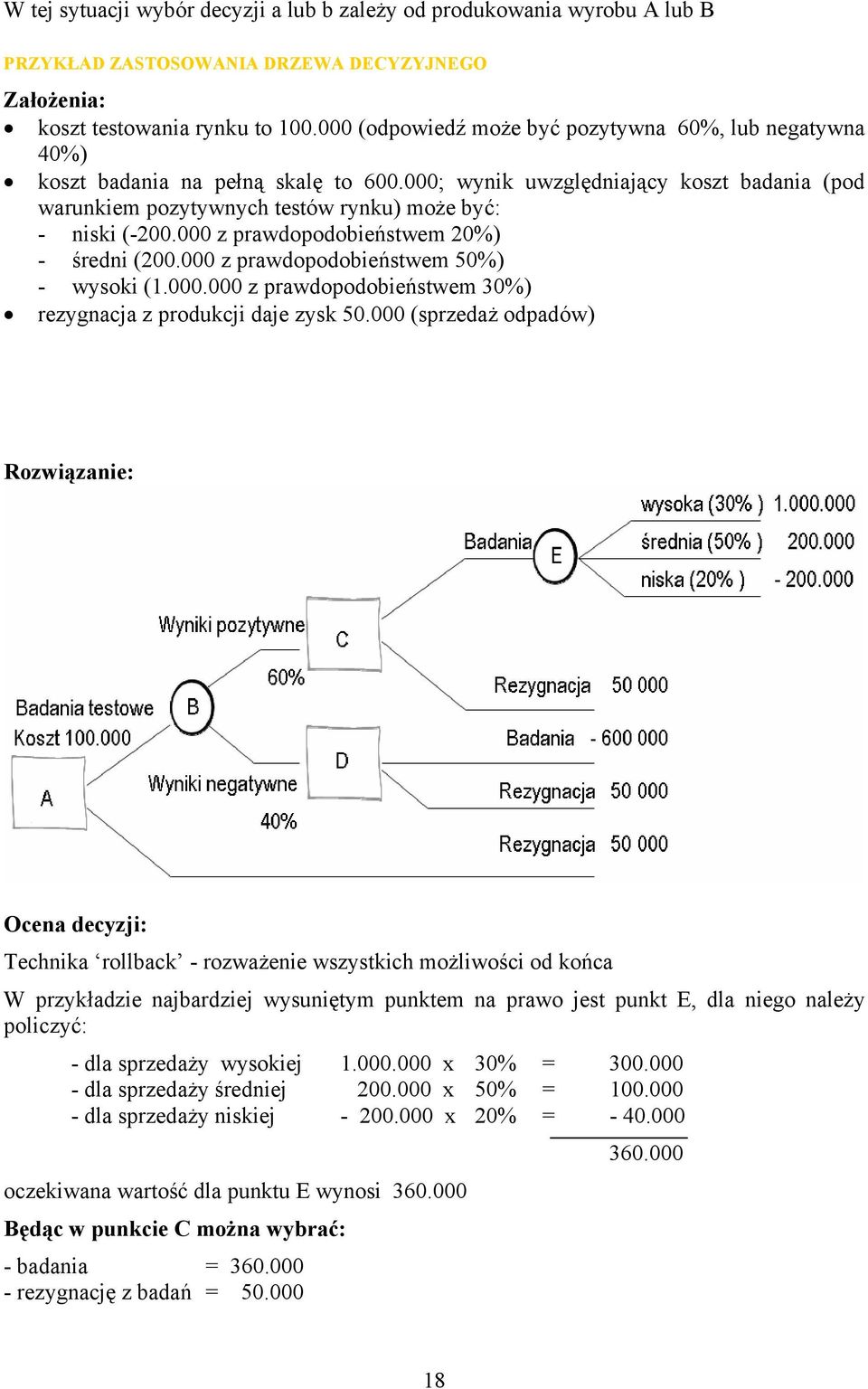 000 z prawdopodobieństwem 20%) - średni (200.000 z prawdopodobieństwem 50%) - wysoki (1.000.000 z prawdopodobieństwem 30%) rezygnacja z produkcji daje zysk 50.