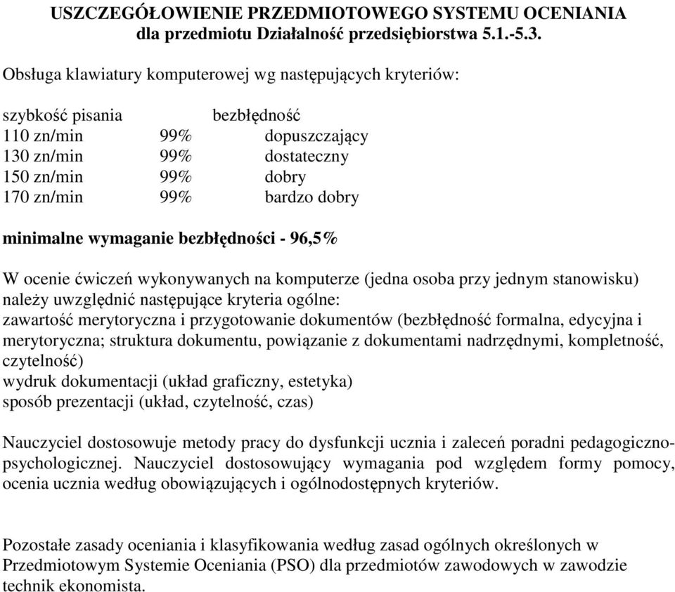 minimalne wymaganie bezbłędności - 96,5% W ocenie ćwiczeń wykonywanych na komputerze (jedna osoba przy jednym stanowisku) należy uwzględnić następujące kryteria ogólne: zawartość merytoryczna i