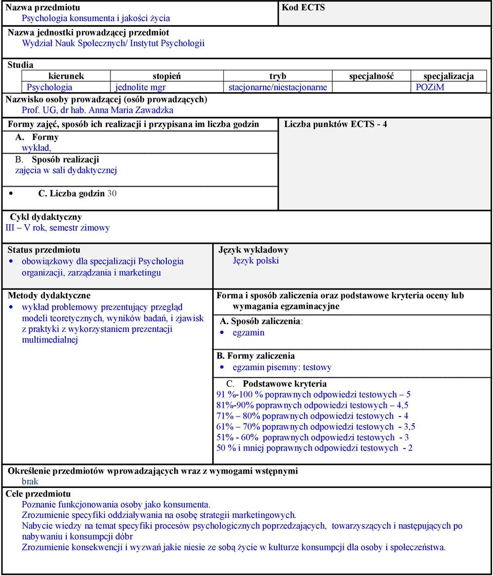 Anna Maria Zawadzka Formy zajęć, sposób ich realizacji i przypisana im liczba godzin Liczba punktów ECTS - 4 A. Formy wykład, B. Sposób realizacji zajęcia w sali dydaktycznej C.