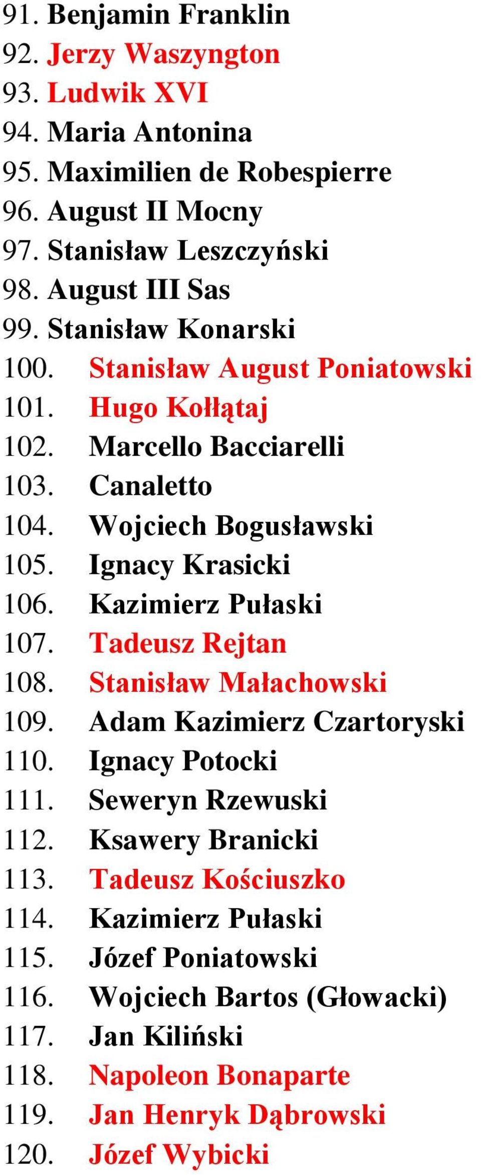 Ignacy Krasicki 106. Kazimierz Pułaski 107. Tadeusz Rejtan 108. Stanisław Małachowski 109. Adam Kazimierz Czartoryski 110. Ignacy Potocki 111. Seweryn Rzewuski 112.