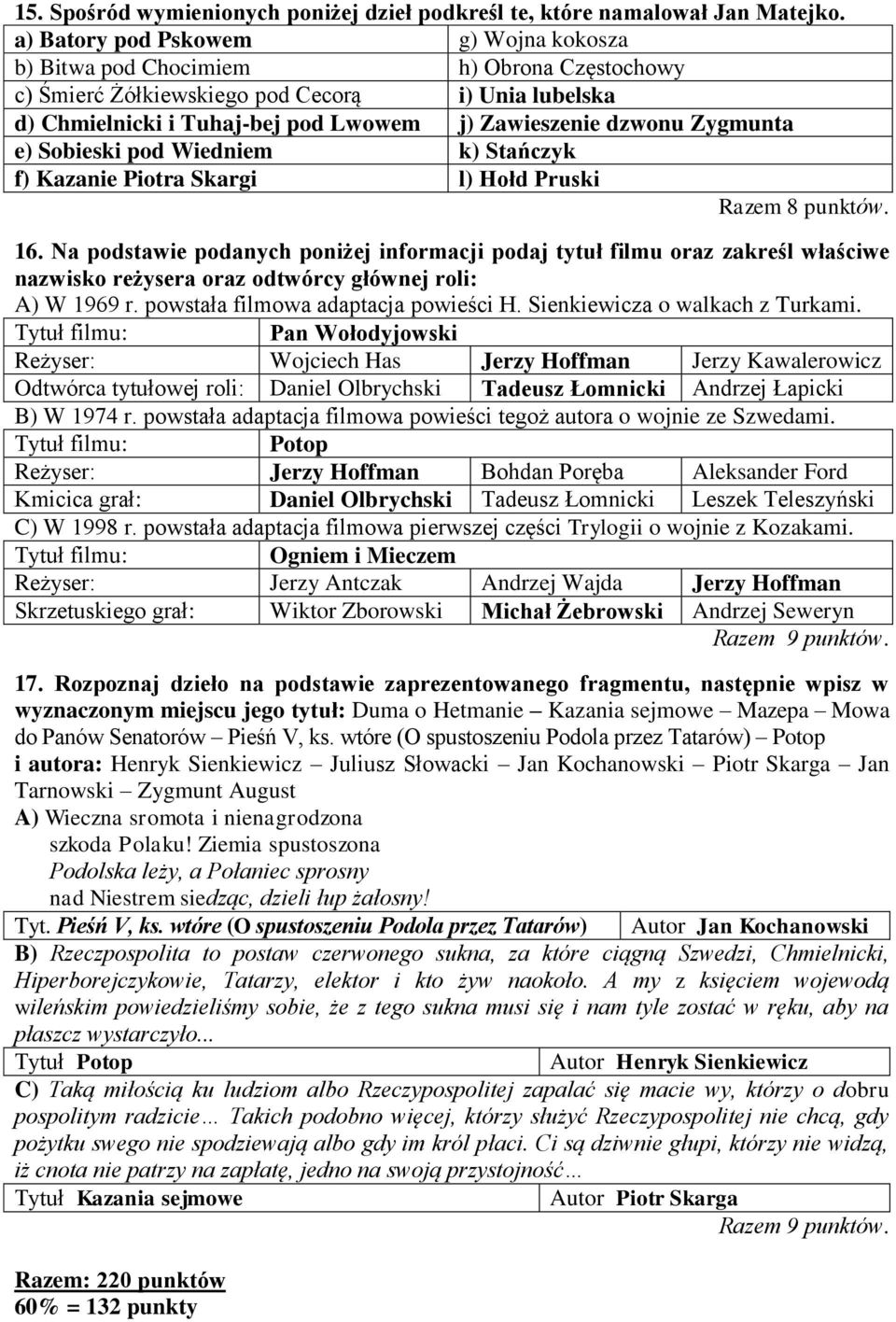 Zygmunta e) Sobieski pod Wiedniem k) Stańczyk f) Kazanie Piotra Skargi l) Hołd Pruski Razem 8 punktów. 16.