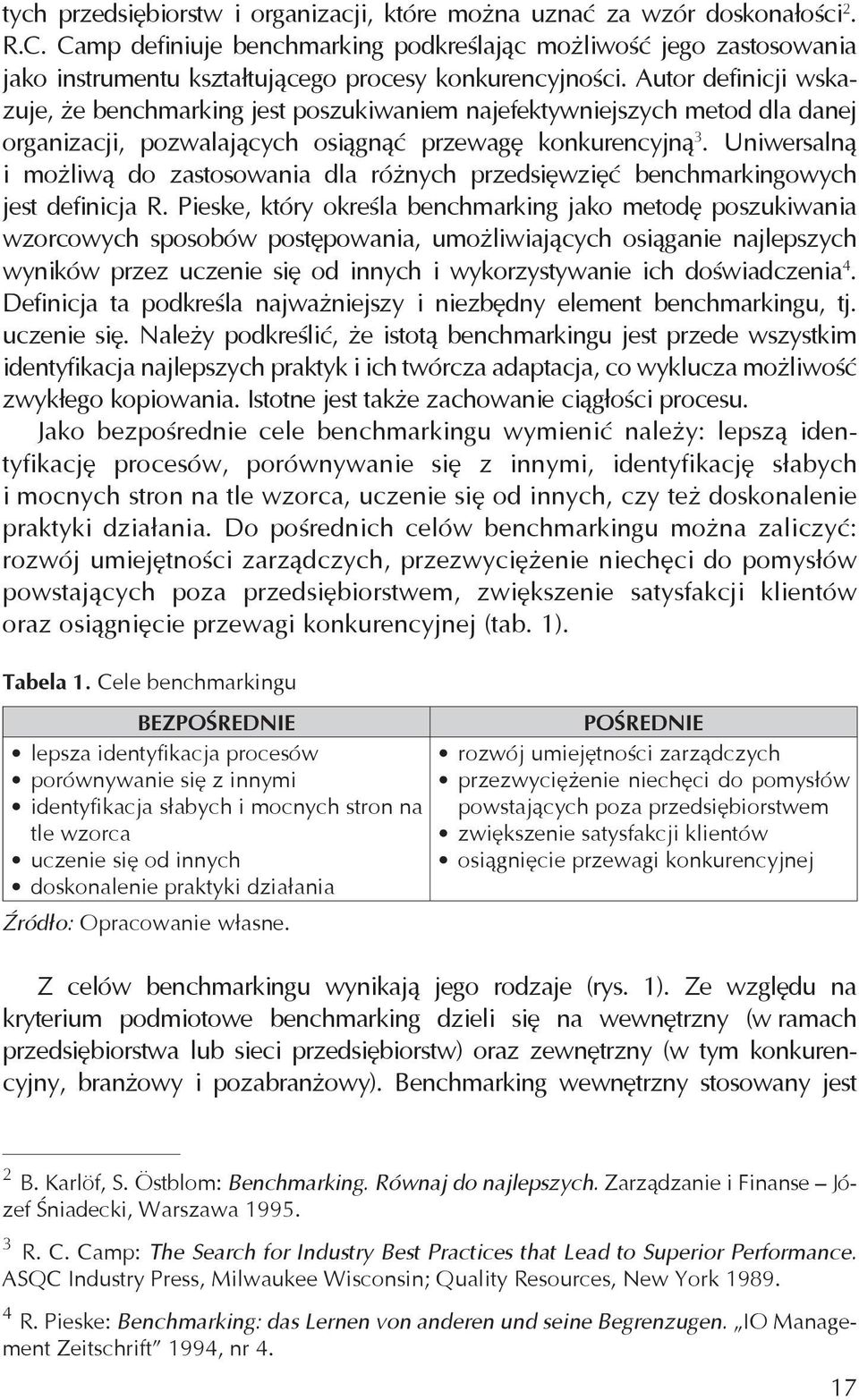 Autor definicji wskazuje, że benchmarking jest poszukiwaniem najefektywniejszych metod dla danej organizacji, pozwalających osiągnąć przewagę konkurencyjną 3.