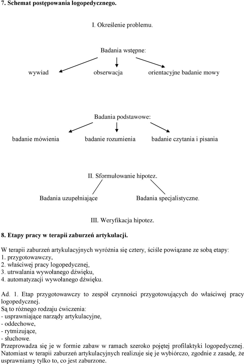 Badania uzupełniające Badania specjalistyczne. III. Weryfikacja hipotez. 8. Etapy pracy w terapii zaburzeń artykulacji.