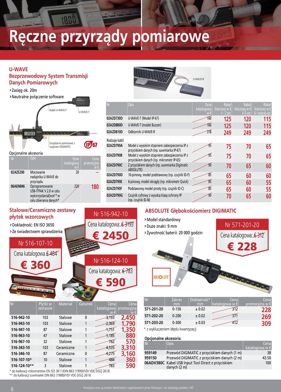 0 w celu wykorzystaniaexcel w celu zbierania danych Stalowe/Ceramiczne zestawy płytek wzorcowych : EN ISO 3650 Ze świadectwem sprawdzenia 516-107-10 484 360 Kabel U-WAVE-T Urządzenie pomiarowe z