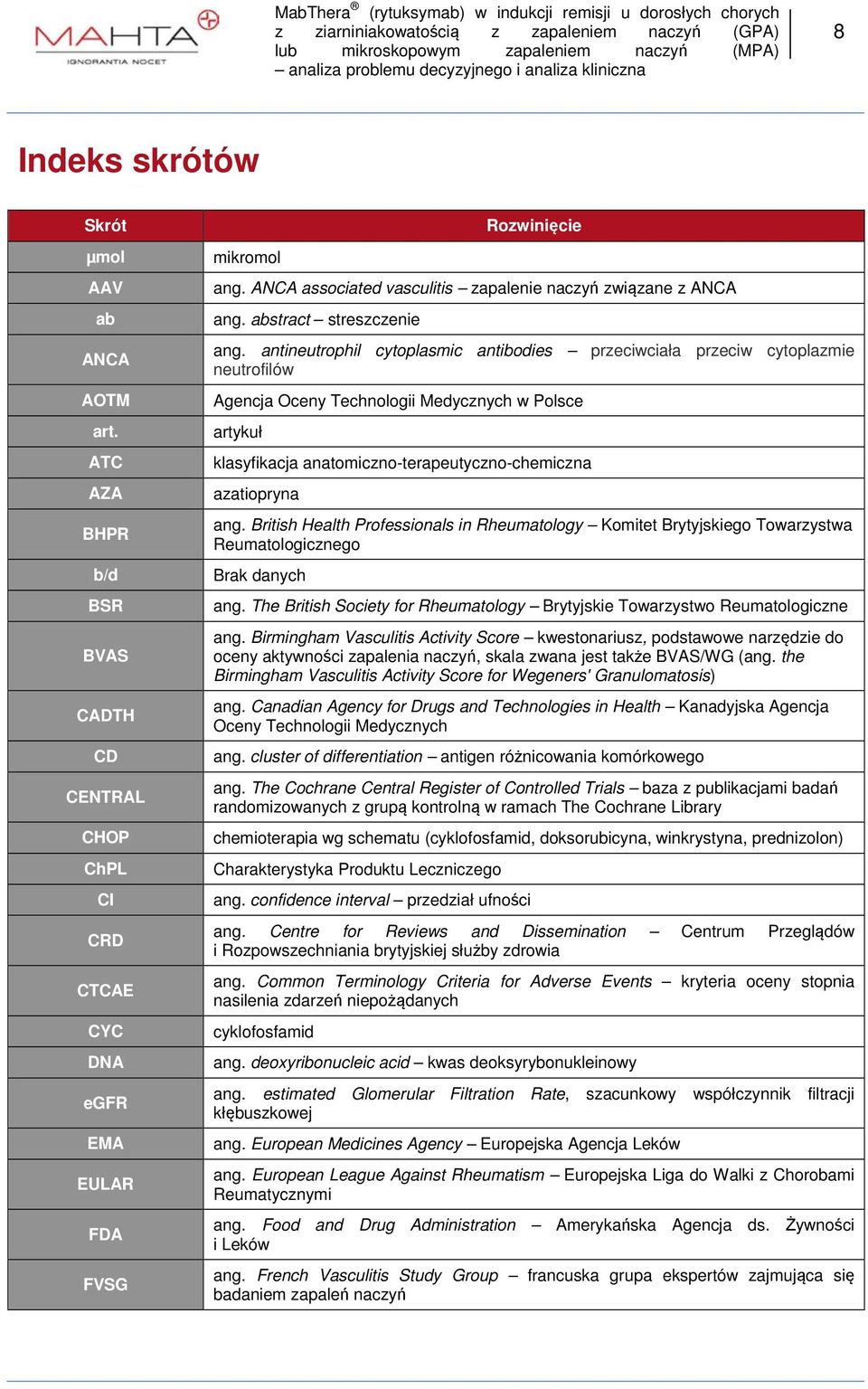 antineutrophil cytoplasmic antibodies przeciwciała przeciw cytoplazmie neutrofilów Agencja Oceny Technologii Medycznych w Polsce artykuł klasyfikacja anatomiczno-terapeutyczno-chemiczna azatiopryna