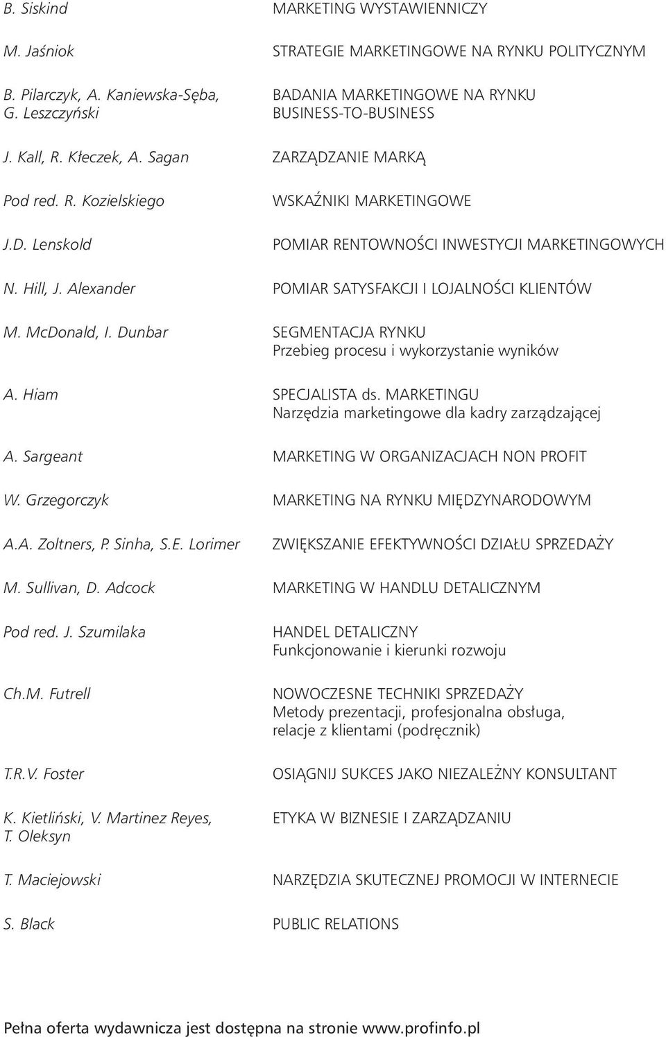 Alexander POMIAR SATYSFAKCJI I LOJALNOŚCI KLIENTÓW M. McDonald, I. Dunbar SEGMENTACJA RYNKU Przebieg procesu i wykorzystanie wyników A. Hiam SPECJALISTA ds.