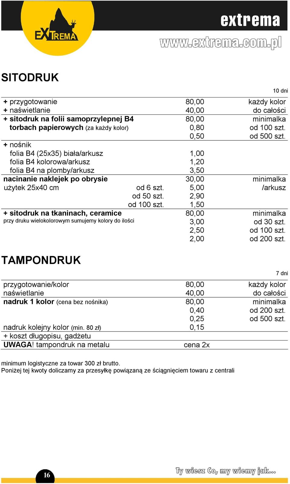 2,90 od 100 szt. 1,50 + sitodruk na tkaninach, ceramice 80,00 minimalka przy druku wielokolorowym sumujemy kolory do ilości 3,00 od 30 szt. 2,50 od 100 szt. 2,00 od 200 szt.