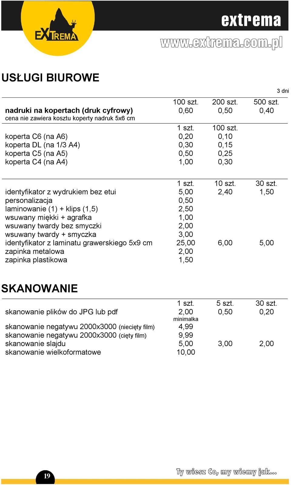 identyfikator z wydrukiem bez etui 5,00 2,40 1,50 personalizacja 0,50 laminowanie (1) + klips (1,5) 2,50 wsuwany miękki + agrafka 1,00 wsuwany twardy bez smyczki 2,00 wsuwany twardy + smyczka 3,00