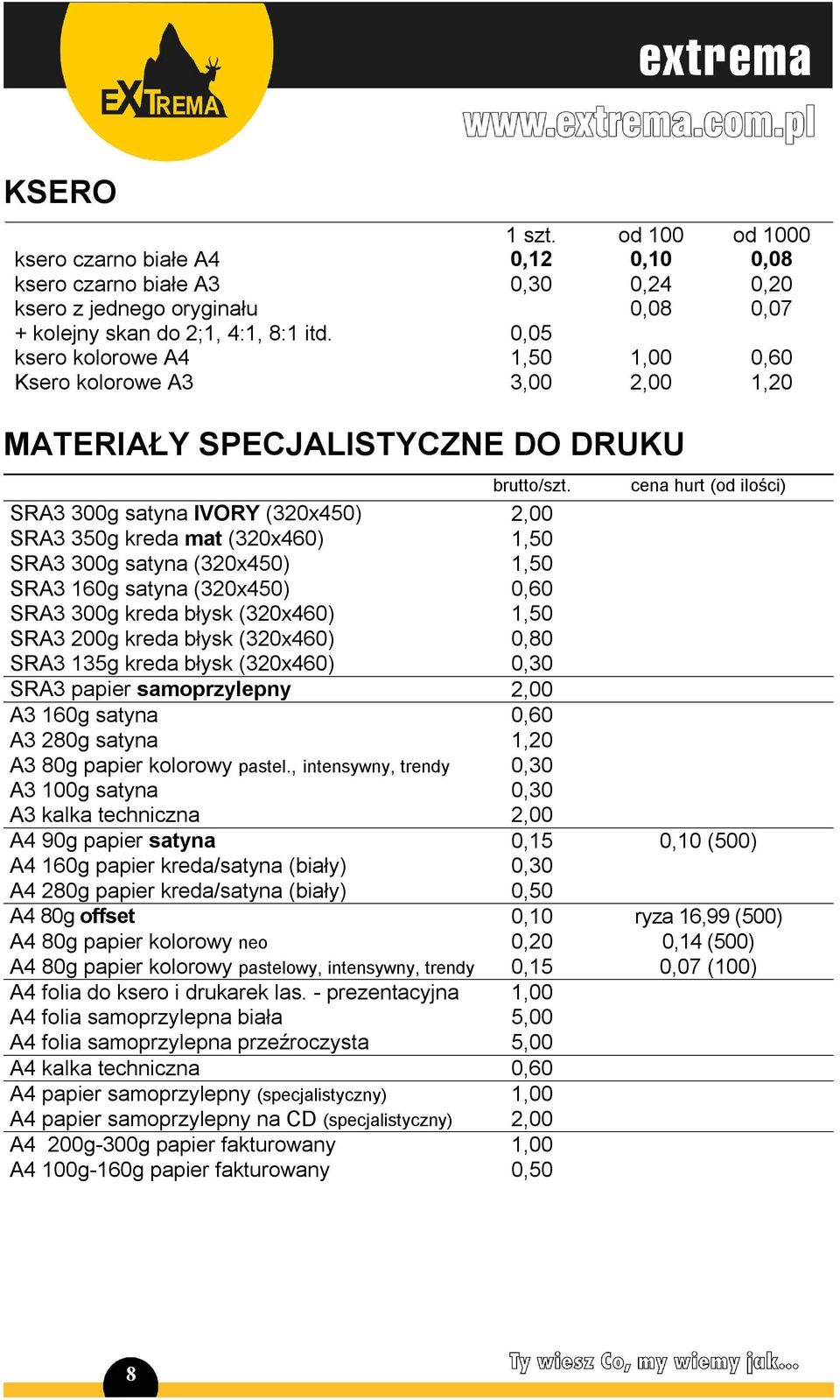 cena hurt (od ilości) SRA3 300g satyna IVORY (320x450) 2,00 SRA3 350g kreda mat (320x460) 1,50 SRA3 300g satyna (320x450) 1,50 SRA3 160g satyna (320x450) 0,60 SRA3 300g kreda błysk (320x460) 1,50