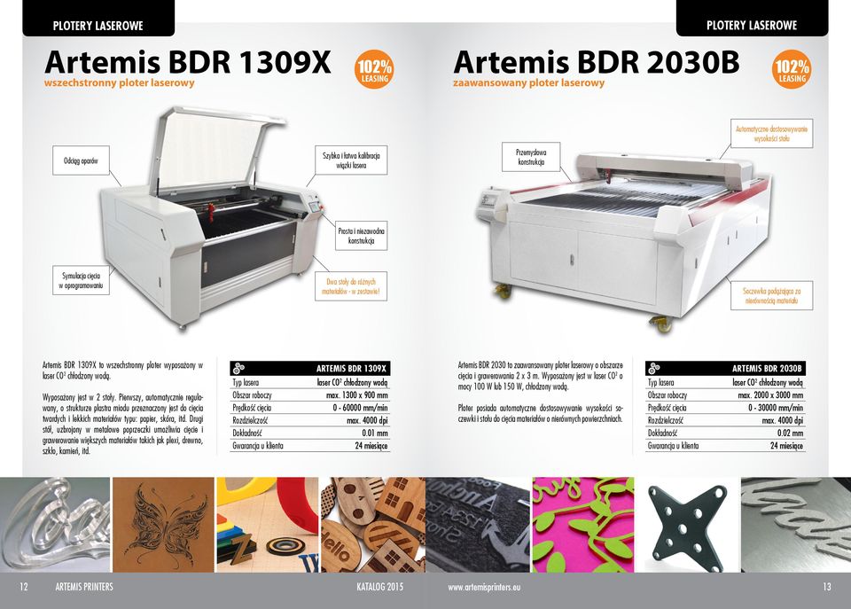 Soczewka podążająca za nierównością materiału Artemis BDR 1309X to wszechstronny ploter wyposażony w laser CO 2 chłodzony wodą. Wyposażony jest w 2 stoły.