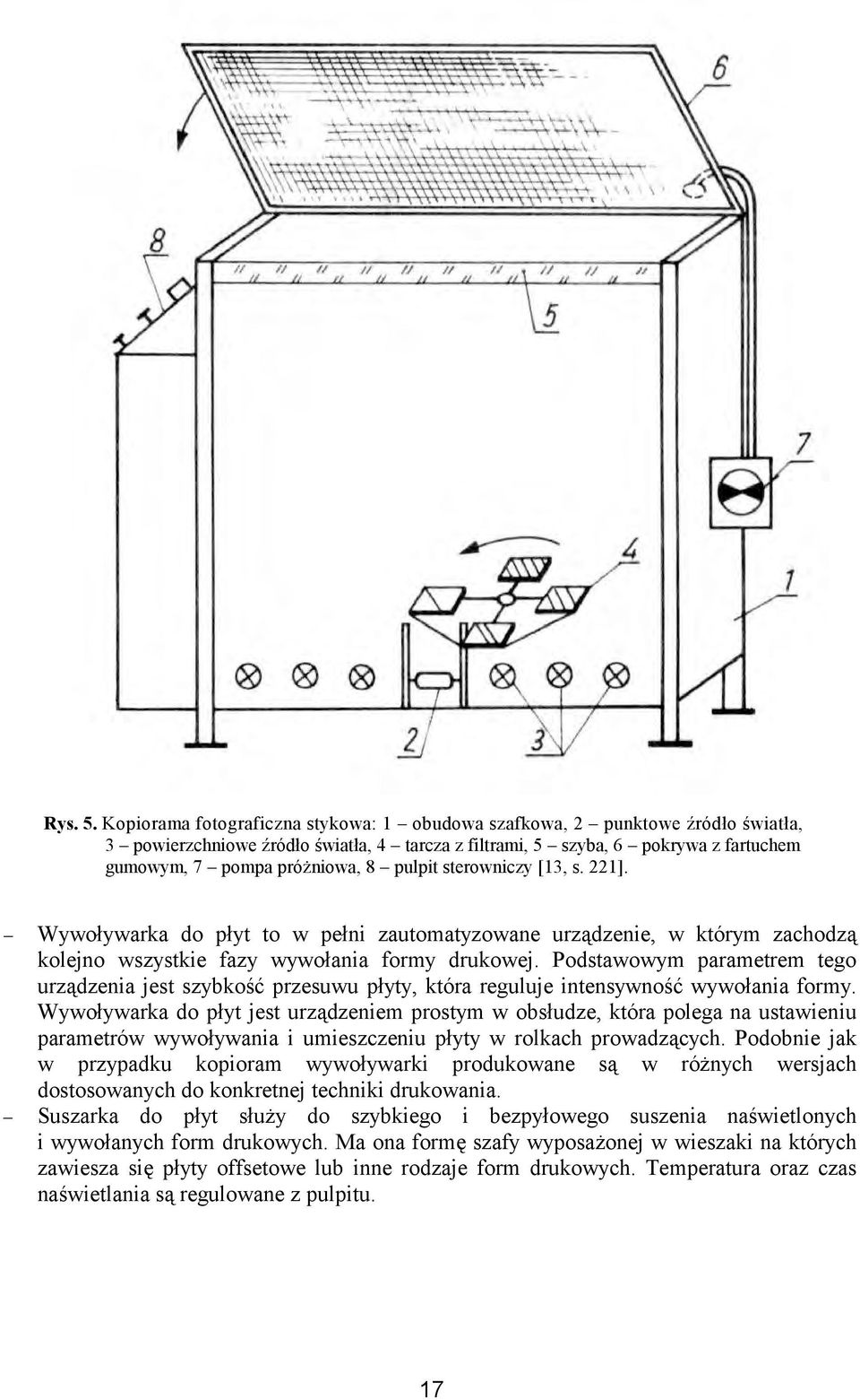 pulpit sterowniczy [13, s. 221]. Wywoływarka do płyt to w pełni zautomatyzowane urządzenie, w którym zachodzą kolejno wszystkie fazy wywołania formy drukowej.