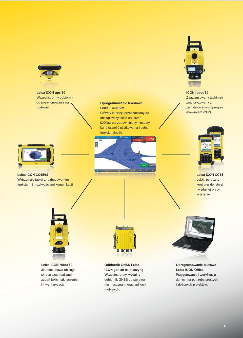 icon robot 60 Zaawansowany tachimetr zmotoryzowany z zainstalowanym oprogramowaniem icon. Leica icon CC65/66 Wytrzymały tablet z rozbudowanymi funkcjami i możliwościami komunikacji.