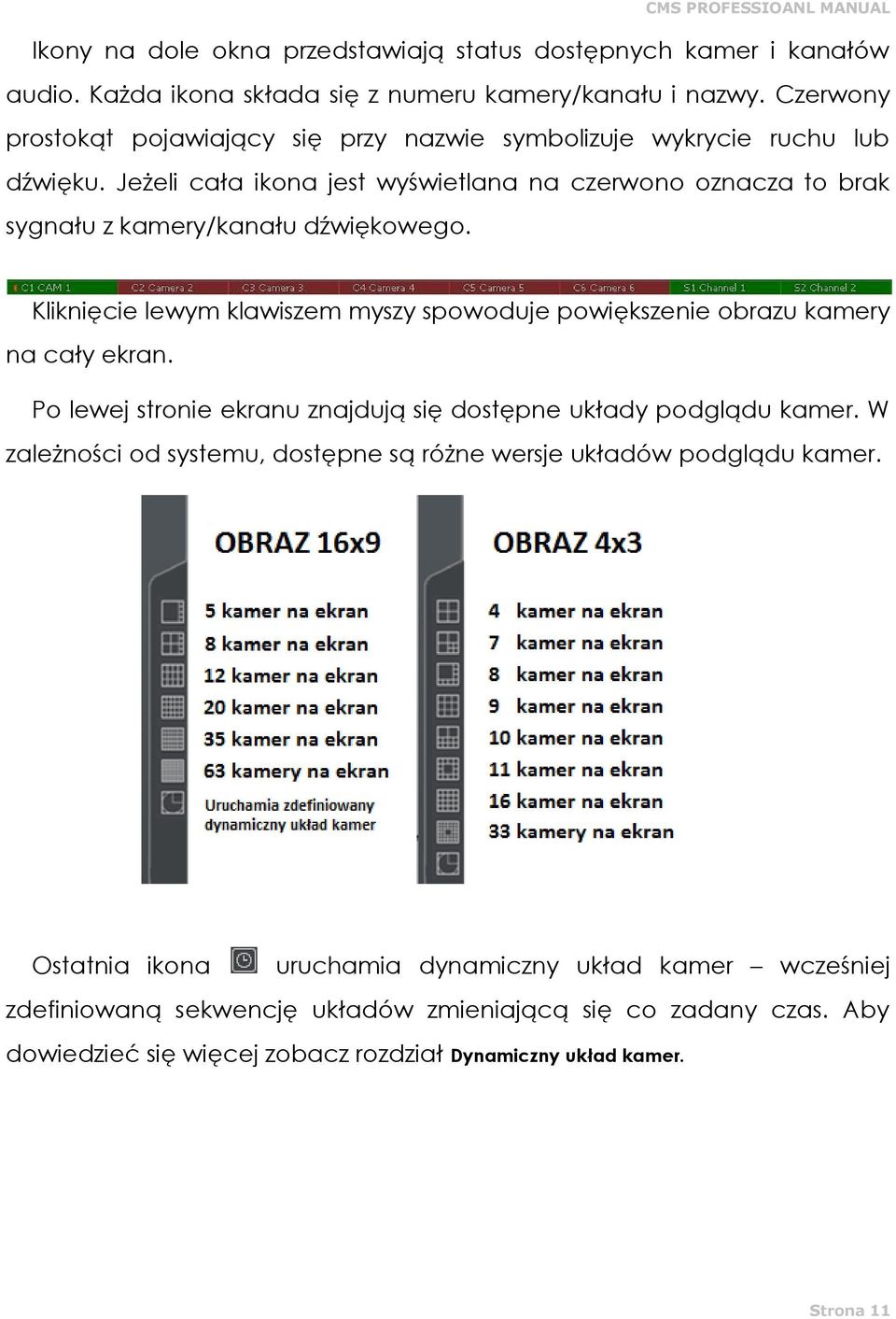 Kliknięcie lewym klawiszem myszy spowoduje powiększenie obrazu kamery na cały ekran. Po lewej stronie ekranu znajdują się dostępne układy podglądu kamer.