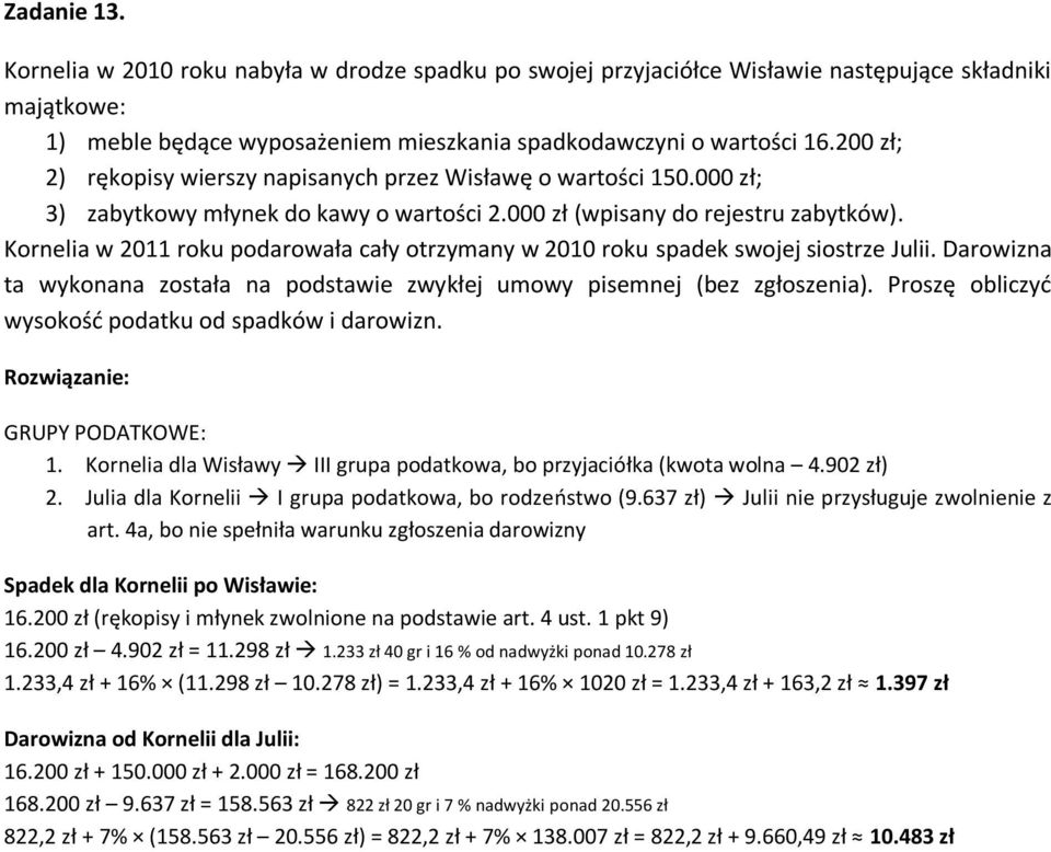 Kornelia w 2011 roku podarowała cały otrzymany w 2010 roku spadek swojej siostrze Julii. Darowizna ta wykonana została na podstawie zwykłej umowy pisemnej (bez zgłoszenia).