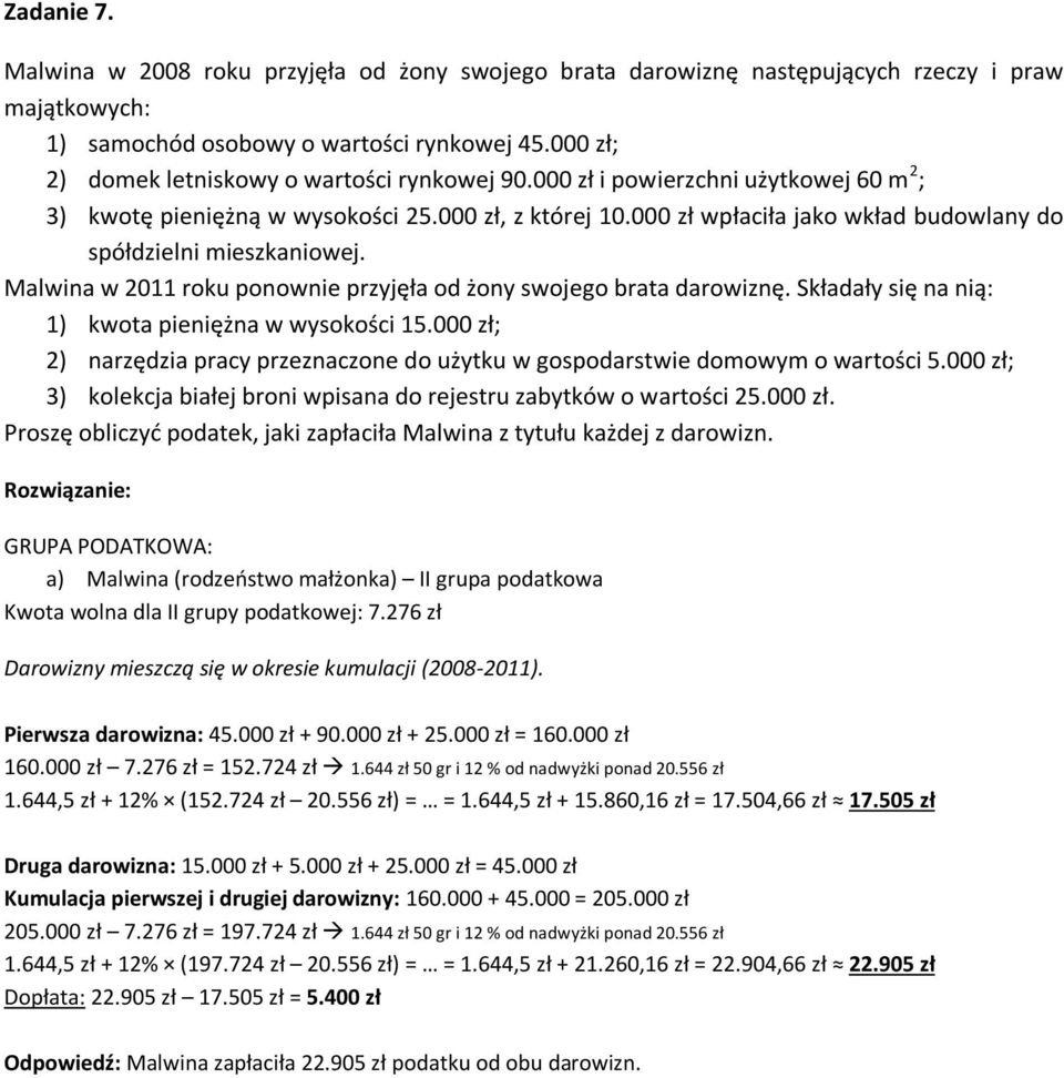 000 zł wpłaciła jako wkład budowlany do spółdzielni mieszkaniowej. Malwina w 2011 roku ponownie przyjęła od żony swojego brata darowiznę. Składały się na nią: 1) kwota pieniężna w wysokości 15.