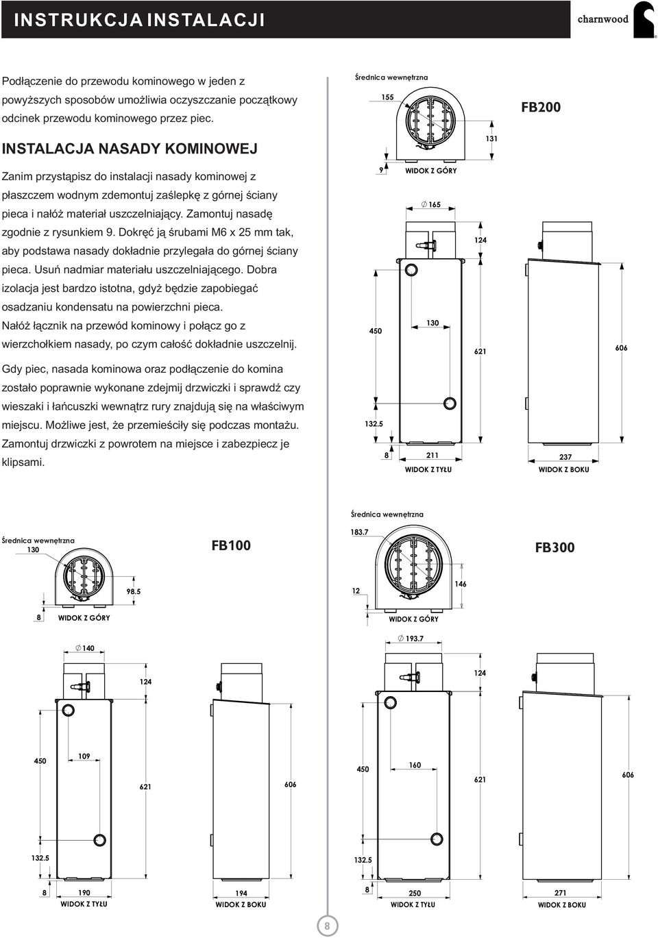 materiał uszczelniający. Zamontuj nasadę 165 zgodnie z rysunkiem 9. Dokręć ją śrubami M6 x 25 mm tak, aby podstawa nasady dokładnie przylegała do górnej ściany 124 pieca.