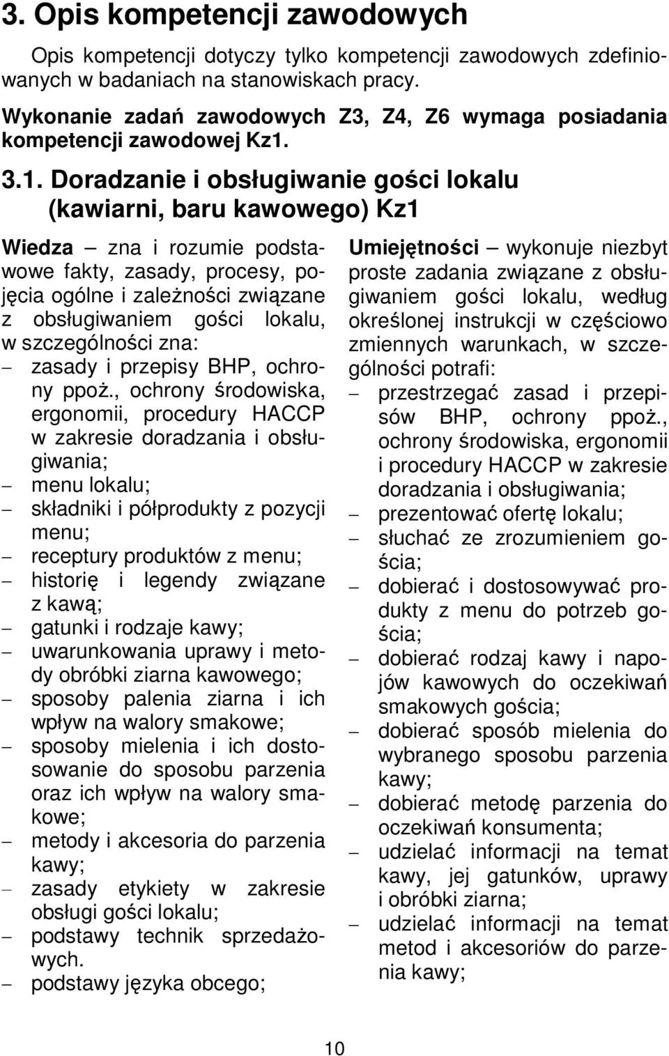 3.1. Doradzanie i obsługiwanie gości lokalu (kawiarni, baru kawowego) Kz1 Wiedza zna i rozumie podstawowe fakty, zasady, procesy, pojęcia ogólne i zależności związane z obsługiwaniem gości lokalu, w