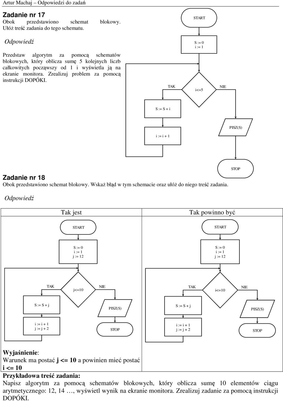 Zrealizuj problem za pomocą instrukcji DOPÓKI. i<=5 S := S + i PISZ(S) Zadanie nr 18 Obok przedstawiono. WskaŜ błąd w tym schemacie oraz ułóŝ do niego treść zadania.