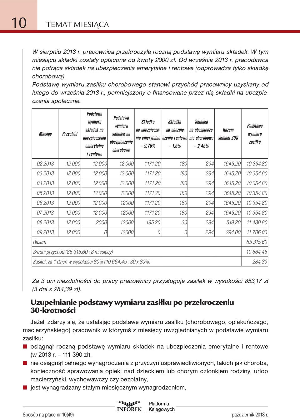 Podstawę wymiaru zasiłku chorobowego stanowi przychód pracownicy uzyskany od lutego do września 2013 r., pomniejszony o finansowane przez nią składki na ubezpieczenia społeczne.