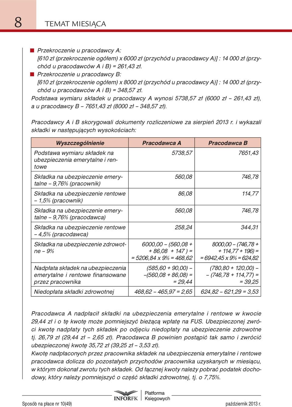 Podstawa wymiaru składek u pracodawcy A wynosi 5738,57 zł (6000 zł 261,43 zł), a u pracodawcy B 7651,43 zł (8000 zł 348,57 zł). Pracodawcy A i B skorygowali dokumenty rozliczeniowe za sierpień 2013 r.