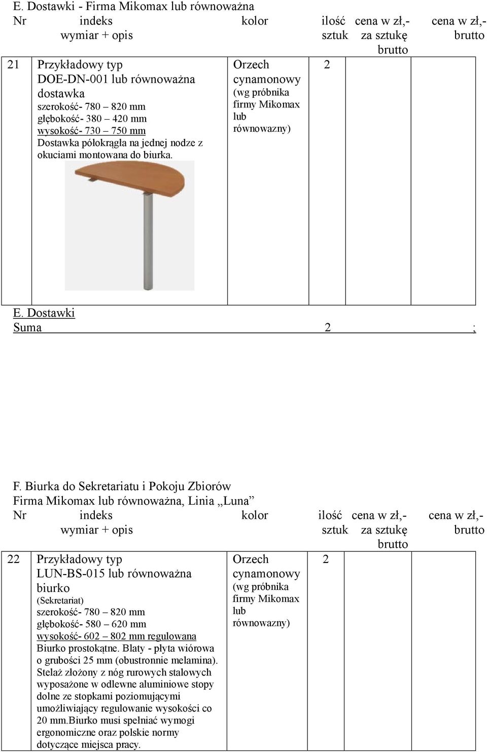 Biurka do Sekretariatu i Pokoju Zbiorów Firma Mikomax równoważna, Linia Luna Nr indeks kolor ilość cena w zł,- cena w zł,- wymiar + opis sztuk za sztukę brutto brutto Przykładowy typ LUN-BS-05