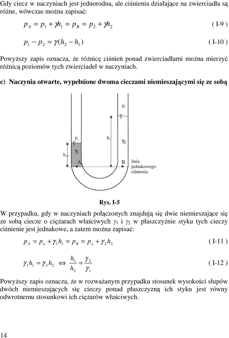 I-5 W przypadku, gdy w naczyniac połączonyc znajdują się dwie niemieszające się ze sobą ciecze o ciężarac właściwyc γ i γ w płaszczyźnie styku tyc cieczy ciśnienie jest jednakowe, a zatem można