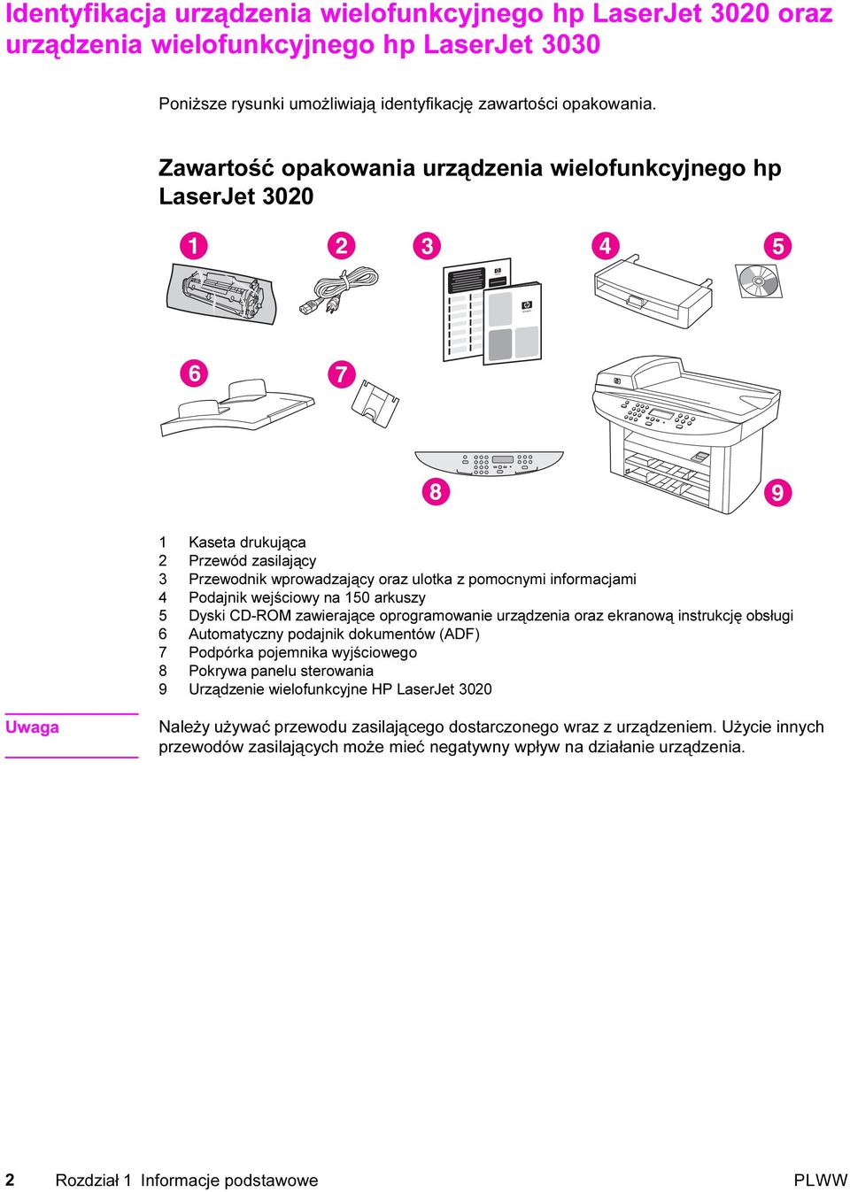 arkuszy 5 Dyski CD-ROM zawierające oprogramowanie urządzenia oraz ekranową instrukcję obsługi 6 Automatyczny podajnik dokumentów (ADF) 7 Podpórka pojemnika wyjściowego 8 Pokrywa panelu sterowania 9