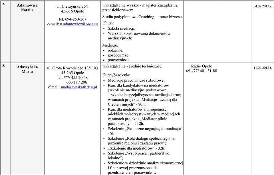 Grota Roweckiego 13/1103 45-265 Opole tel. /77/ 455 20 48 606 117 206 e mail: madaszynska@tlen.