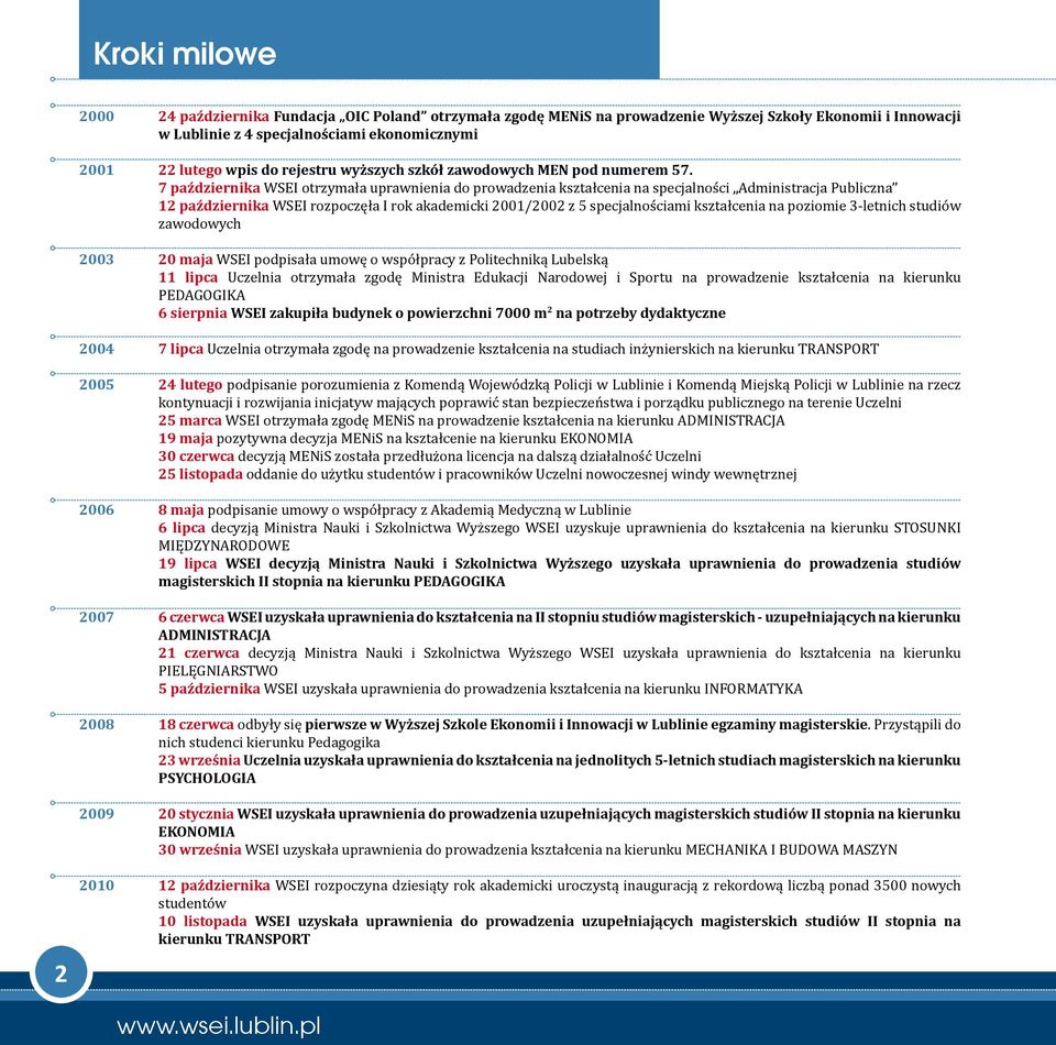 7 października WSEI otrzymała uprawnienia do prowadzenia kształcenia na specjalności Administracja Publiczna 12 października WSEI rozpoczęła I rok akademicki 2001/2002 z 5 specjalnościami kształcenia