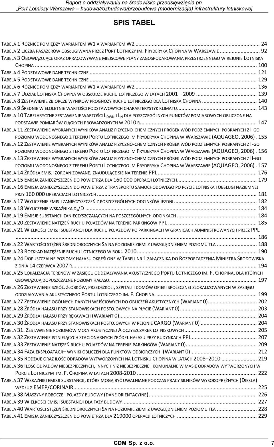 .. 121 TABELA 5 PODSTAWOWE DANE TECHNICZNE... 129 TABELA 6 RÓŻNICE POMIĘDZY WARIANTEM W1 A WARIANTEM W2... 136 TABELA 7 UDZIAŁ LOTNISKA CHOPINA W OBSŁUDZE RUCHU LOTNICZEGO W LATACH 2001 2009.