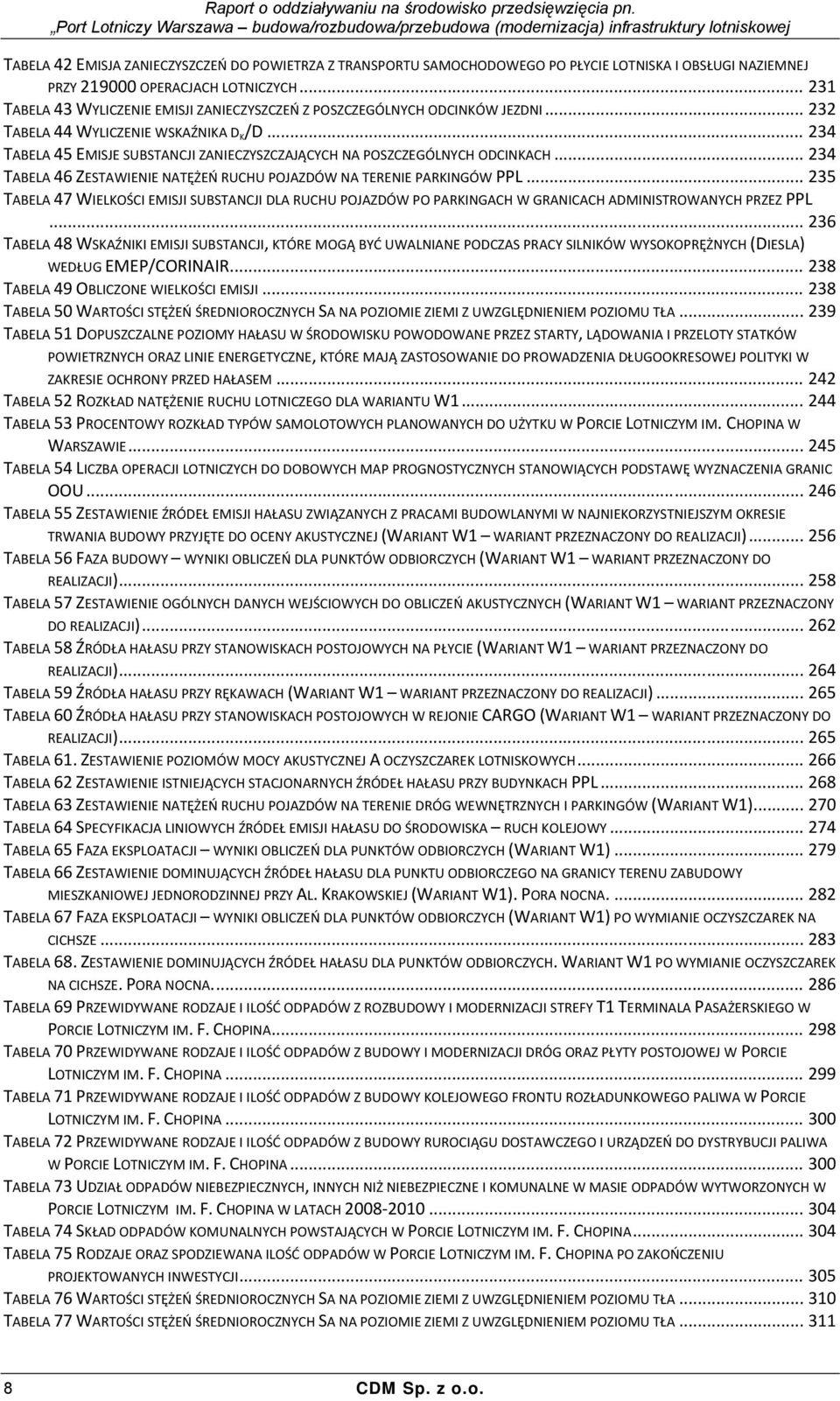 .. 234 TABELA 45 EMISJE SUBSTANCJI ZANIECZYSZCZAJĄCYCH NA POSZCZEGÓLNYCH ODCINKACH... 234 TABELA 46 ZESTAWIENIE NATĘŻEŃ RUCHU POJAZDÓW NA TERENIE PARKINGÓW PPL.