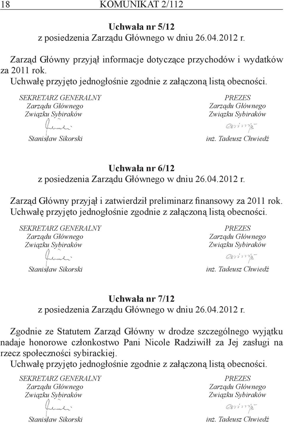 Tadeusz Chwiedź Uchwała nr 6/12 z posiedzenia Zarządu Głównego w dniu 26.04.2012 r. Zarząd Główny przyjął i zatwierdził preliminarz finansowy za 2011 rok.