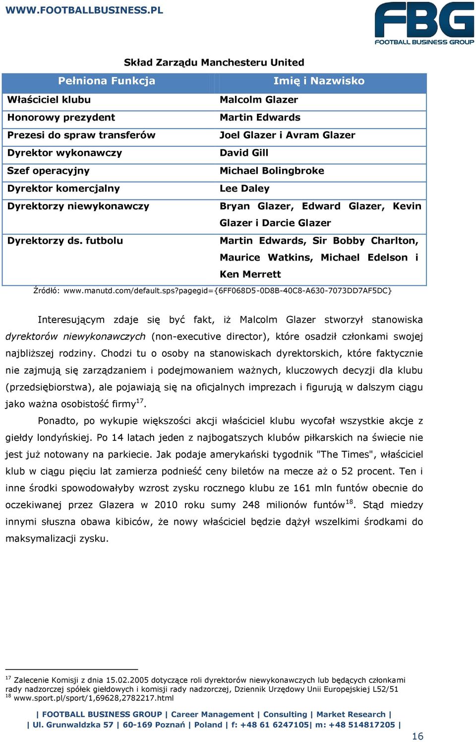 futbolu Imię i Nazwisko Malcolm Glazer Martin Edwards Joel Glazer i Avram Glazer David Gill Michael Bolingbroke Lee Daley Bryan Glazer, Edward Glazer, Kevin Glazer i Darcie Glazer Martin Edwards, Sir