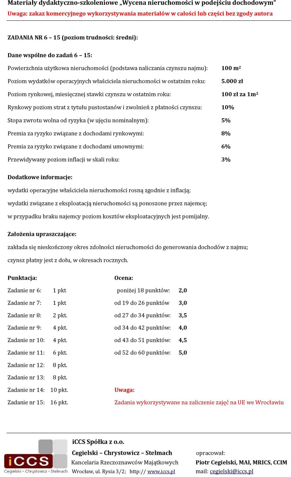 000 zł Poziom rynkowej, miesięcznej stawki czynszu w ostatnim roku: 100 zł za 1m 2 Rynkowy poziom strat z tytułu pustostanów i zwolnień z płatności czynszu: 10% Stopa zwrotu wolna od ryzyka (w ujęciu