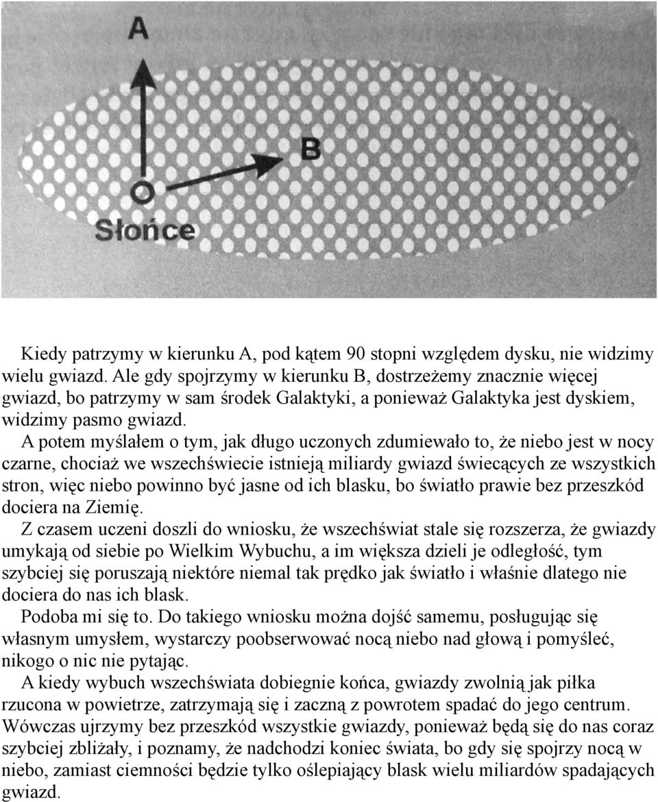 A potem myślałem o tym, jak długo uczonych zdumiewało to, że niebo jest w nocy czarne, chociaż we wszechświecie istnieją miliardy gwiazd świecących ze wszystkich stron, więc niebo powinno być jasne